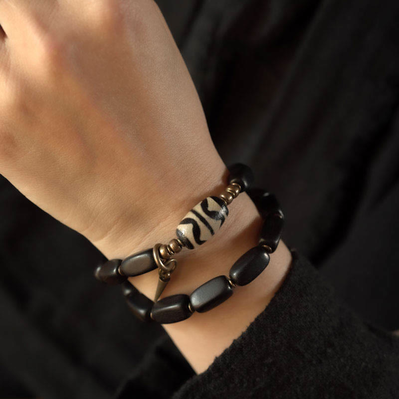 Tibet Ebony Wood Dzi Bead Copper Balance Double Wrap Bracelet