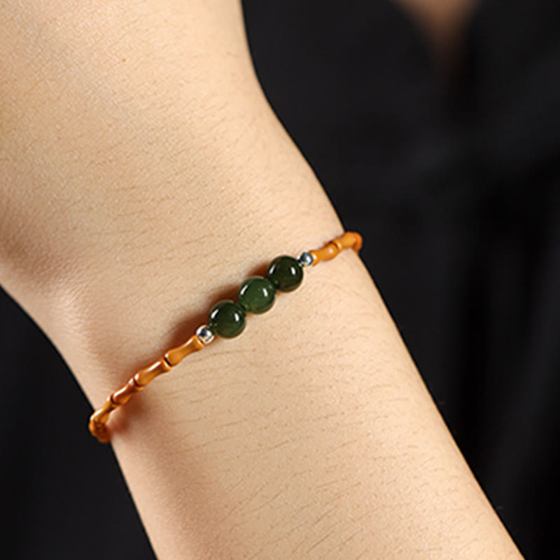 Natural Olive Pit & Hetian Jade Beaded Bracelet with Bamboo Pattern and White Copper Elements