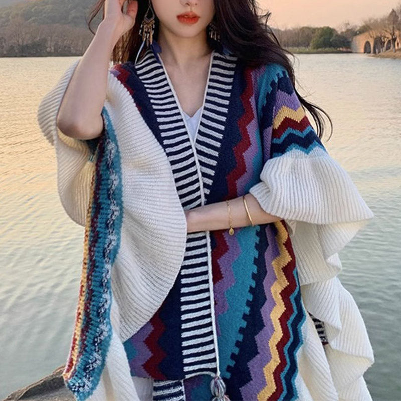 Tibetan Shawl Colorful Striped Wavy Line Tassels Winter Cozy Travel Scarf Wrap