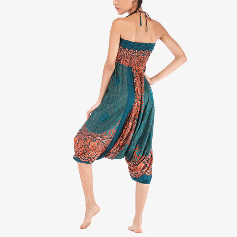 Two Style Wear Round Geometric Pattern Loose Smocked Harem Trousers Jumpsuit High Waist Women's Yoga Pants