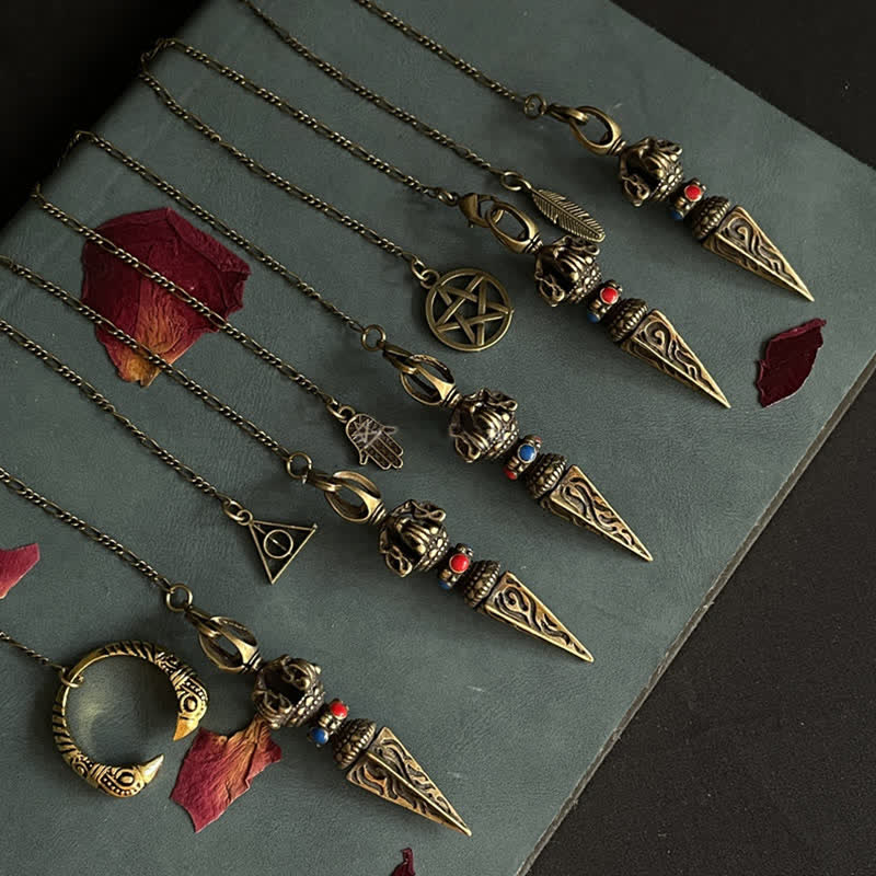 Pentagram Eye of God Feather Hamsa Copper Healing Necklace Pendant Pendulum