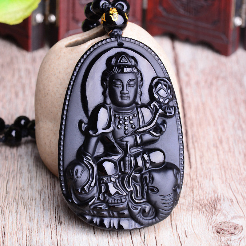 Chinese Zodiac Obsidian Buddha Amulet Protection Pendant Necklace