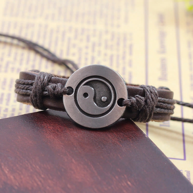 Retro Yin Yang Leather & Wax Rope Harmony Bracelet