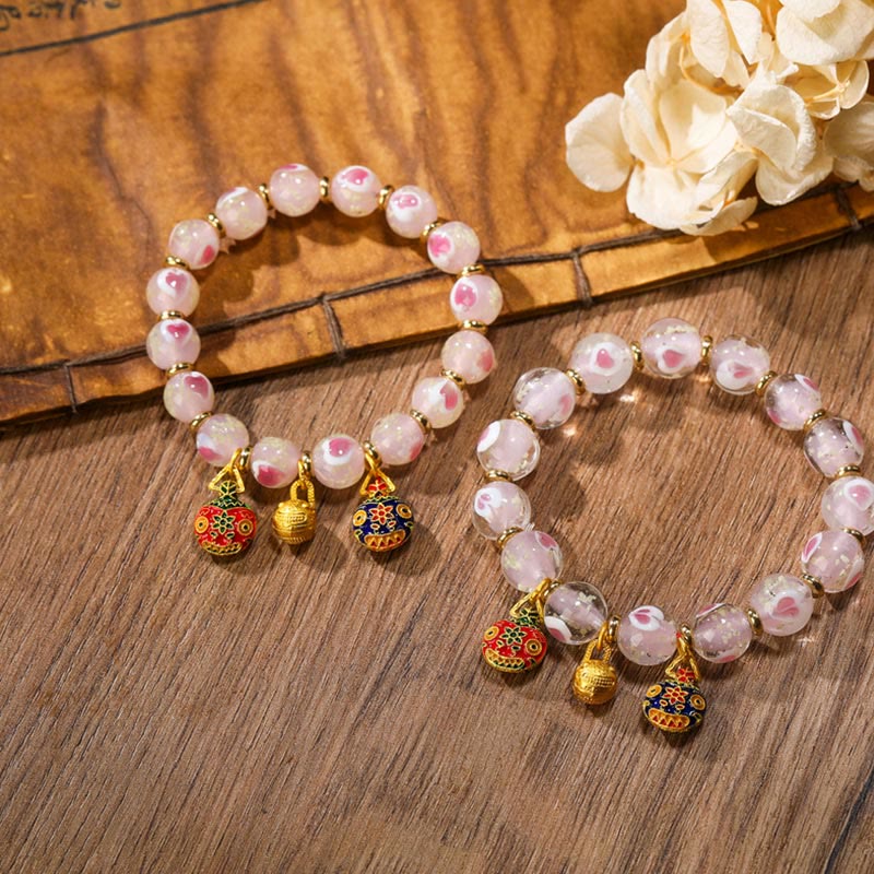 Gold Swallowing Beast Family Charm Luminous Pink Love Heart Fluorescent Liuli Glass Bead Blessings Bracelet