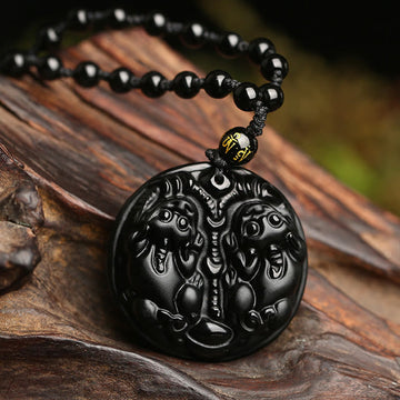 Black Obsidian Double Pixiu Bead Rope Purification Necklace Pendant
