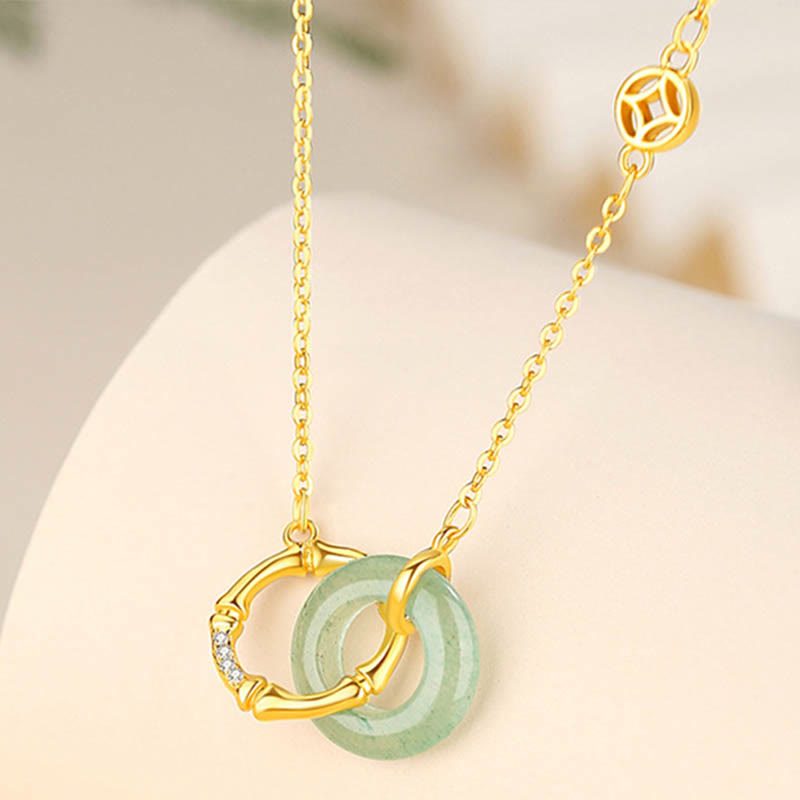 925 Sterling Silver Natural Green Aventurine Peace Buckle Bamboo Coin Prosperity Necklace Pendant