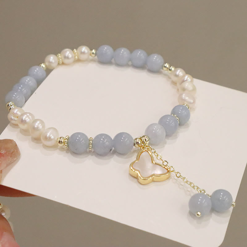 Natural Aquamarine Pearl Seashell Charm Bracelet with Ginkgo Leaf or Butterfly Accents