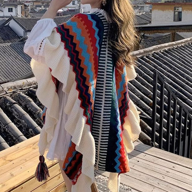 Tibetan Shawl Colorful Striped Wavy Line Tassels Winter Cozy Travel Scarf Wrap