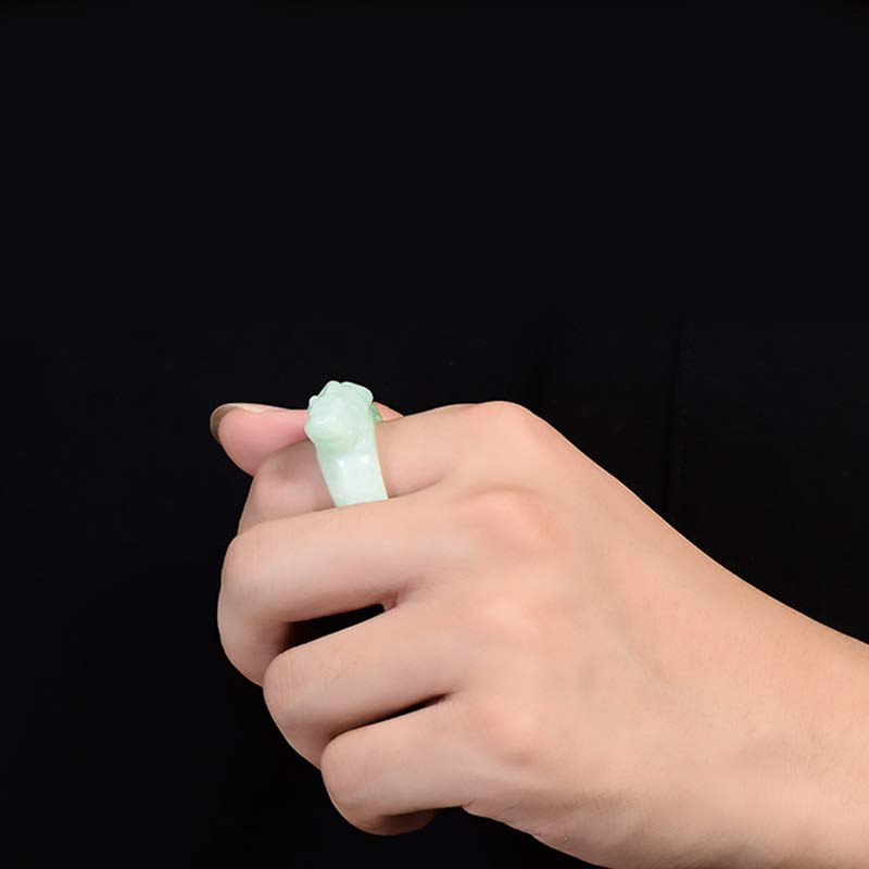 Hand-Carved Natural Green Jade Pixiu Artisan Band Ring