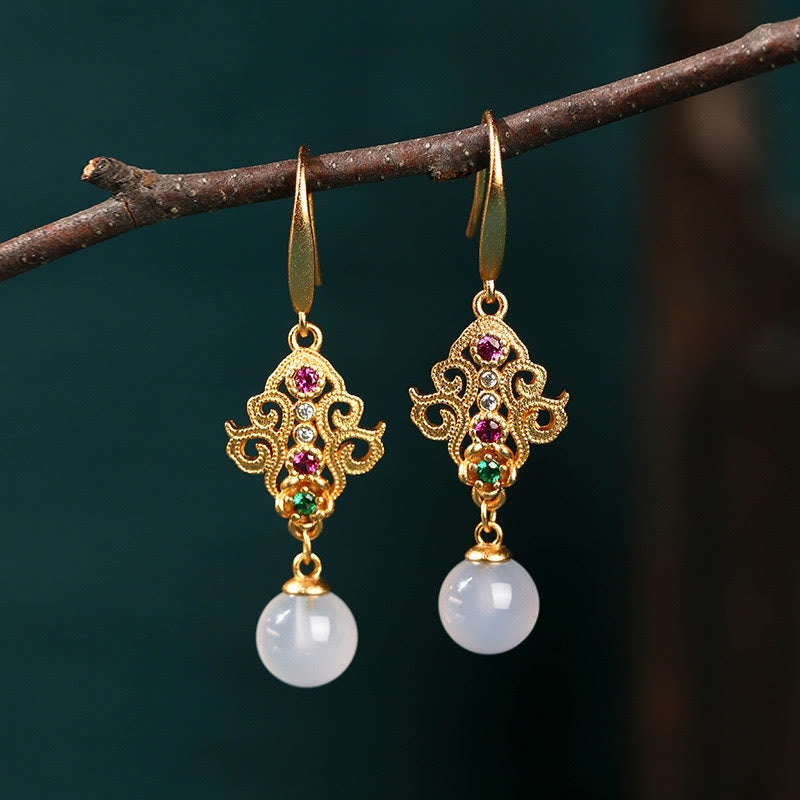 24K Gold Plated Round Chalcedony Positive Dangle Drop Earrings