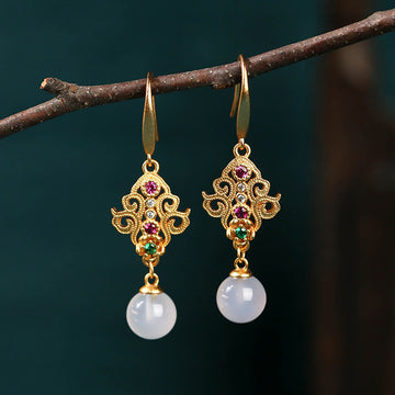 24K Gold Plated Round Chalcedony Positive Dangle Drop Earrings