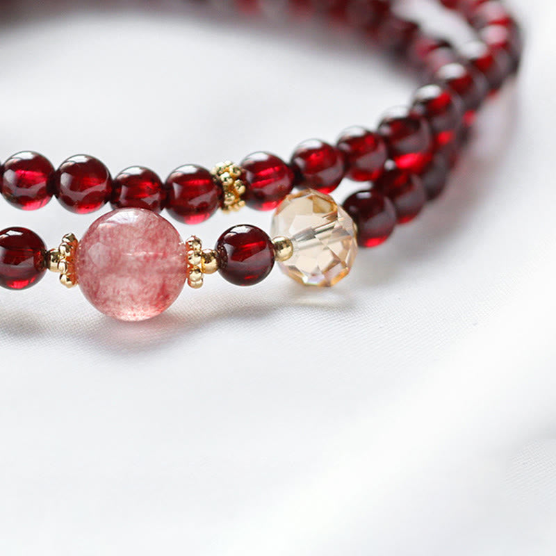 14K Gold Plated Natural Garnet Strawberry Quartz Stability Double Wrap Bracelet