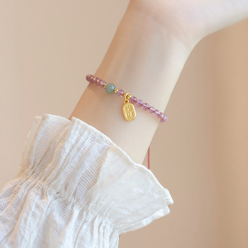 Natural Jade & Strawberry Quartz Garnet Fu Prosperity Character Beaded Bracelet