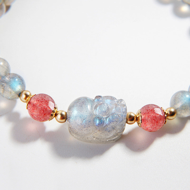 Moonstone and Strawberry Quartz Gold Pixiu Beaded Bracelet