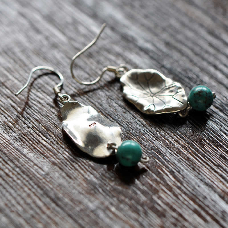 925 Sterling Silver Turquoise Lotus Leaf Handcrafted Drop Dangle Earrings
