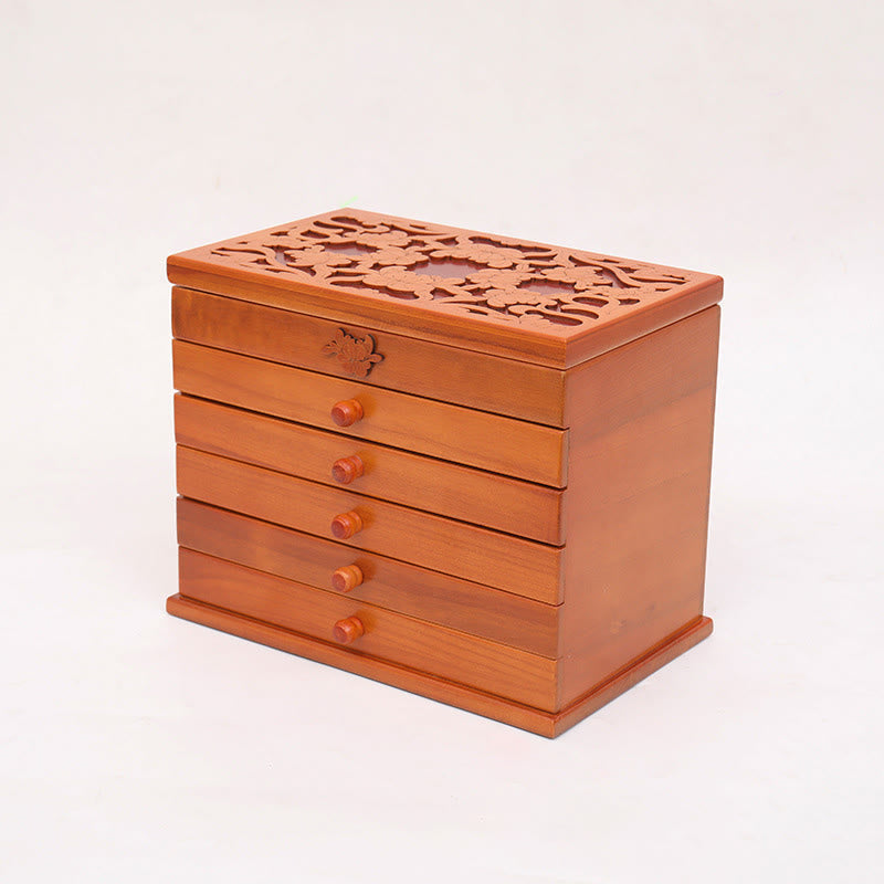 Vintage Floral Carved Paulownia Wood Six-Layer Large Capacity Jewelry Box