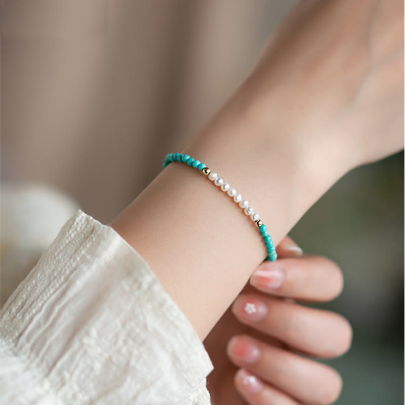 Handcrafted 925 Sterling Silver Natural Turquoise and Pearl Beaded Gold-Tone Bracelet