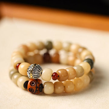 Natural Bodhi Seed & Red Sandalwood Om Mani Padme Hum Citipati Kapala Bracelet