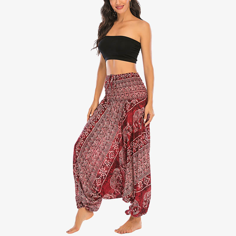 Two Style Wear Elephant Pattern Loose Smocked Harem Trousers Jumpsuit Women's Yoga Pants