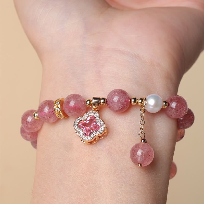 Strawberry Quartz Pearl Four Leaf Clover Charm Healing Bracelet