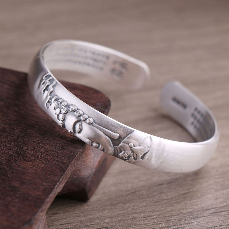 999 Sterling Silver Buddha Head Heart Sutra Serenity Bracelet Bangle