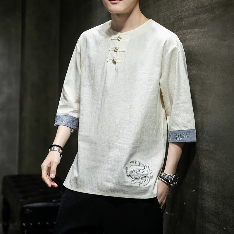 Frog-Button Dragon Embroidery Chinese Tang Suit Three Quarter Sleeve Shirt Cotton Linen Men Clothing