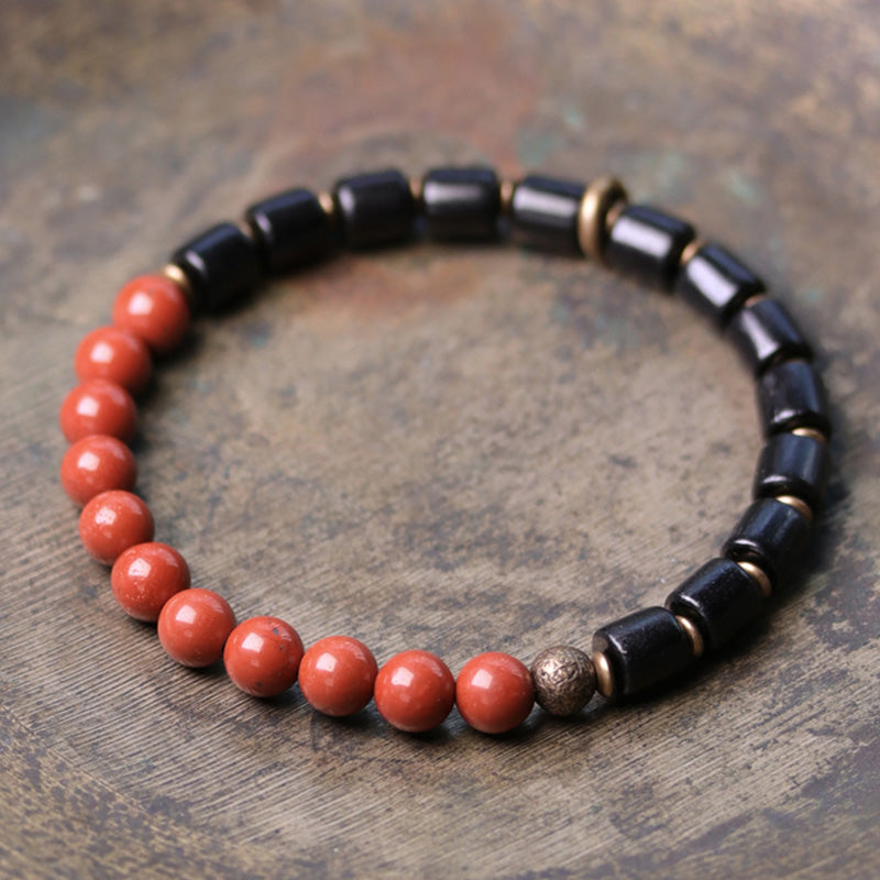 Handmade Ebony Wood & Copper Peace Couple Bracelet with Natural Gemstones