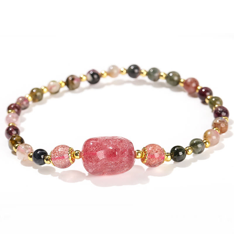 Moonstone Strawberry Quartz Tourmaline PiXiu Healing Bracelet