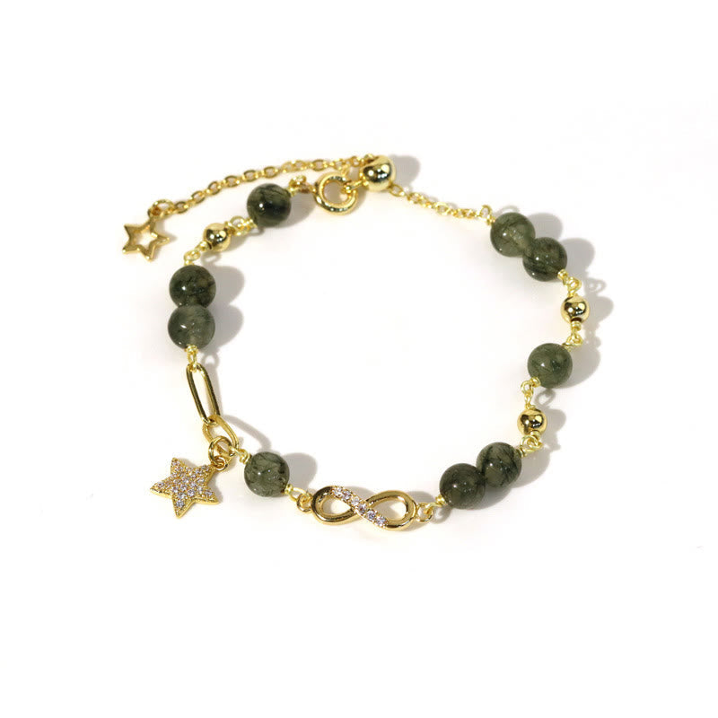 14k Gold Plated Copper Green Rutilated Quartz Möbius Loop Eternal Love Star Protection Bracelet