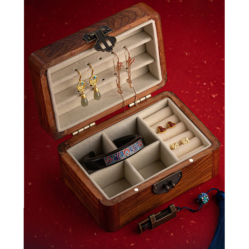 Retro Handmade Floral Rosewood Lockable Jewelry Storage Box & Keepsake Organizer