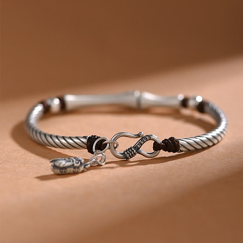 999 Fine Sterling Silver Bamboo Pattern and Cicada Engraved Open Cuff Bracelet