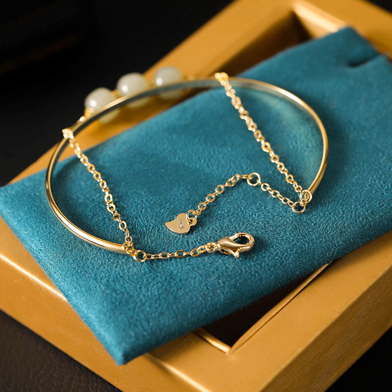 Copper Plated Gold Hetian Jade Bead Luck Double Layer Bracelet Bangle