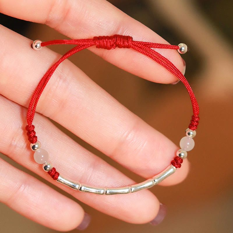 Sterling Silver Bamboo & Agate Bead Braided Red String Bracelet