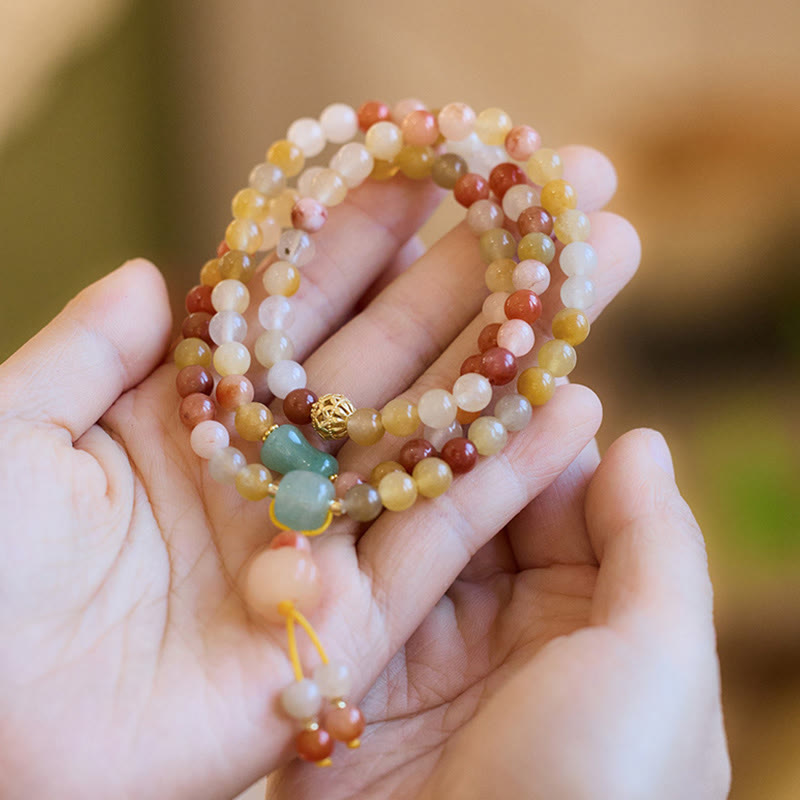 Natural Golden Silk Jade and Gold Plated Pumpkin Charm Triple Wrap Bracelet