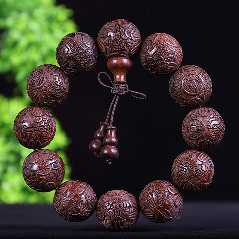 Chinese Zodiac Rosewood Ebony Copper Coin PiXiu Carved Warmth Bracelet
