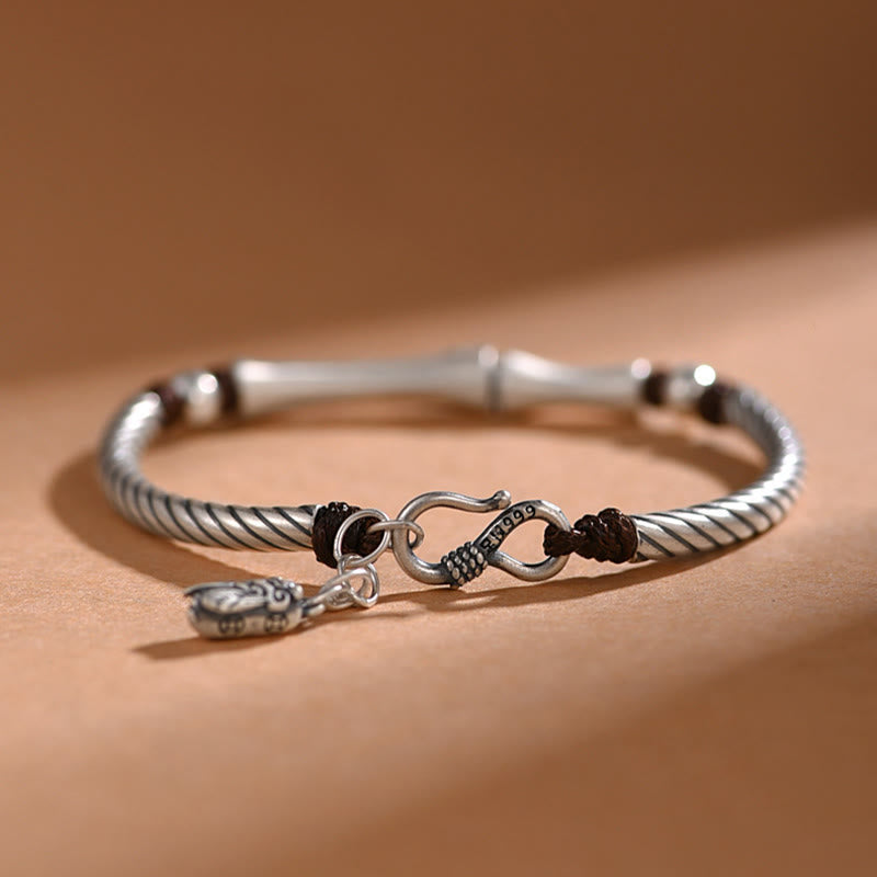 999 Fine Sterling Silver Bamboo Pattern and Cicada Engraved Open Cuff Bracelet