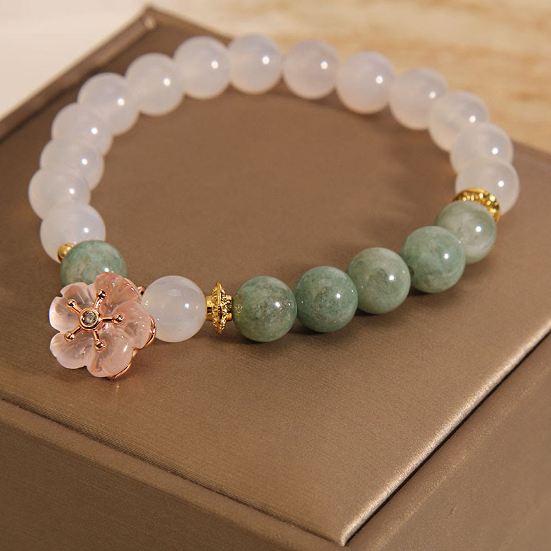 White Agate Jade Flower Charm Luck Protection Bracelet