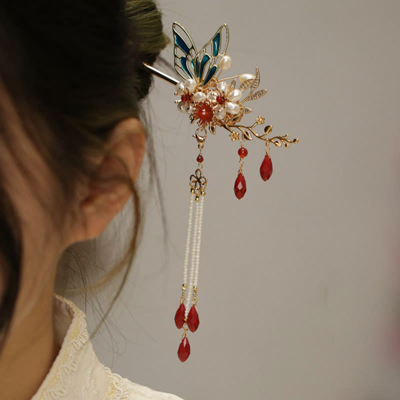 Classical Chinese Style Flower Branche Butterfly Pearl Tassel Hair Clip Hair Comb Hair Crown