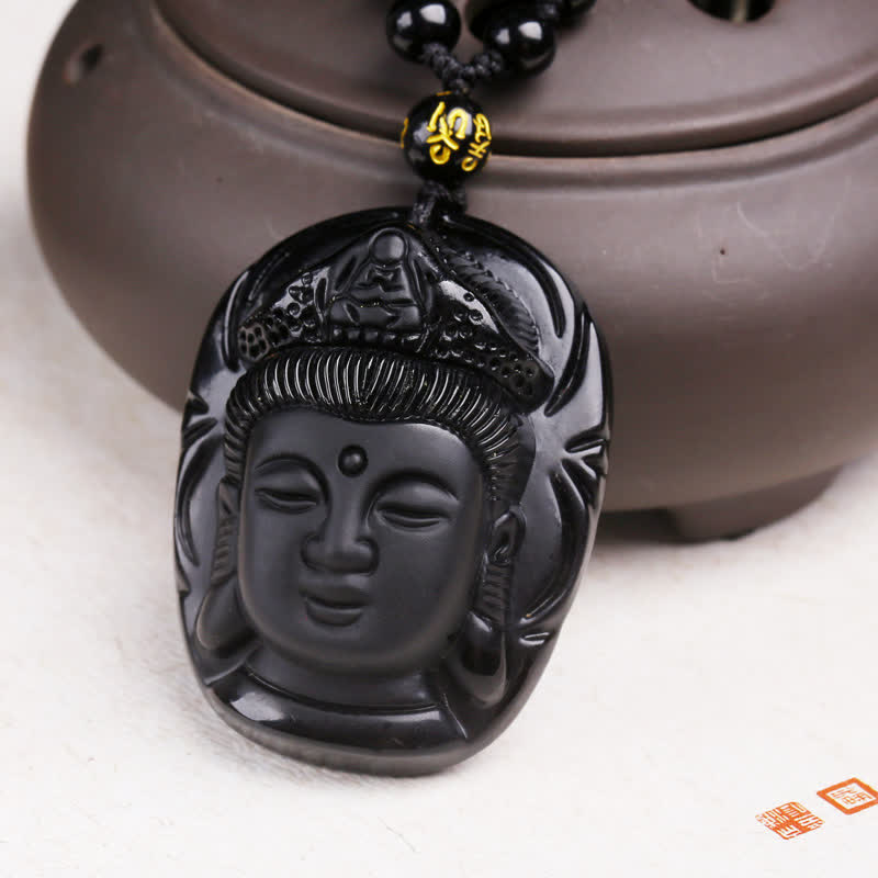 Natural Black Obsidian Kwan Yin Avalokitesvara Strength String Necklace Pendant