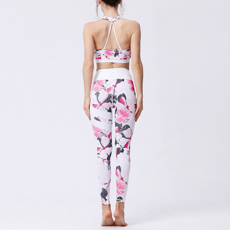 2Pcs Sunflower Flowers Leaves Print Top Pants Sports Fitness Yoga Women's Yoga Sets