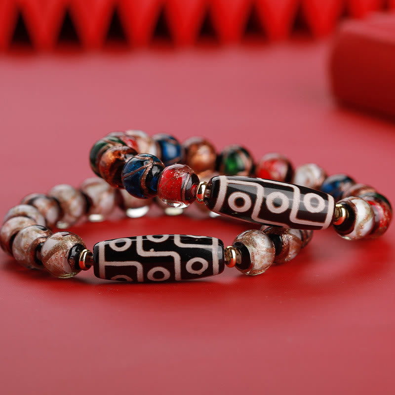 Hand-Finished Tibetan Style Dzi Bead and Vibrant Liuli Glass Beaded Bracelet