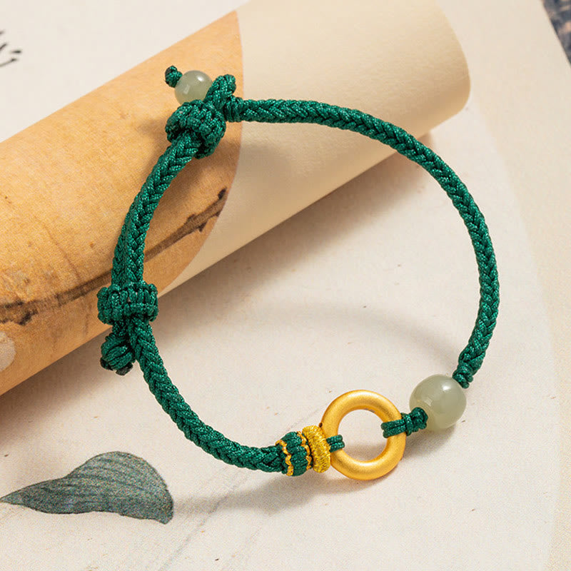 999 Sterling Silver Peace Buckle Hetian Jade Bead Luck Green Rope Braided Bracelet