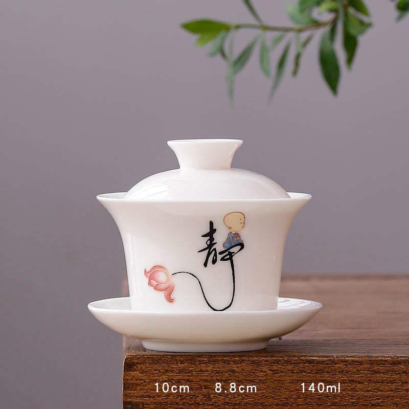 White Porcelain Mountain Landscape Countryside Ceramic Gaiwan Teacup Kung Fu Tea Cup And Saucer With Lid