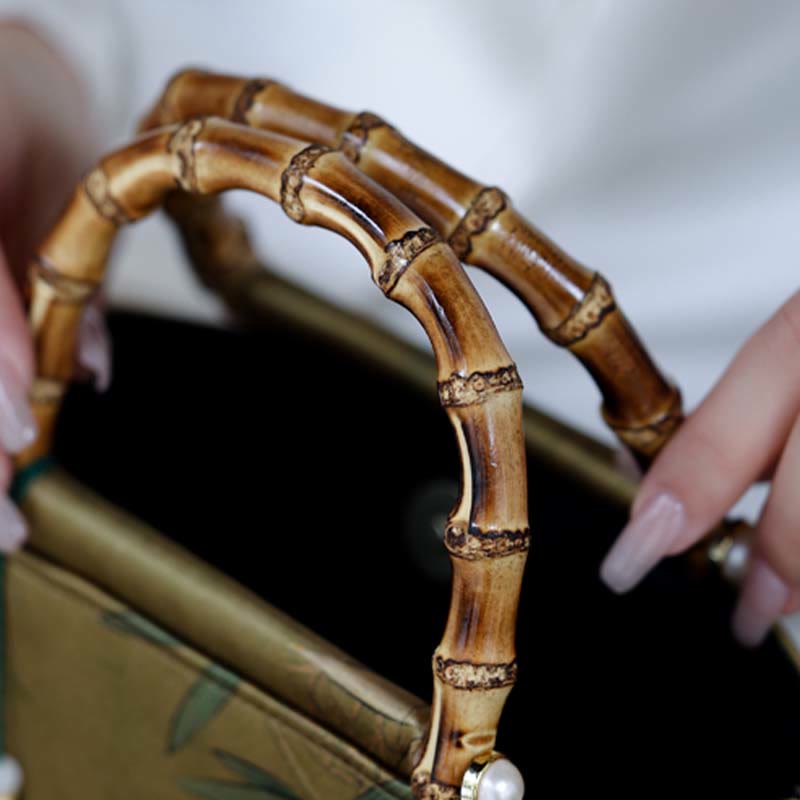 Yellow Green Bamboo Leaves Bamboo Handles Handbag