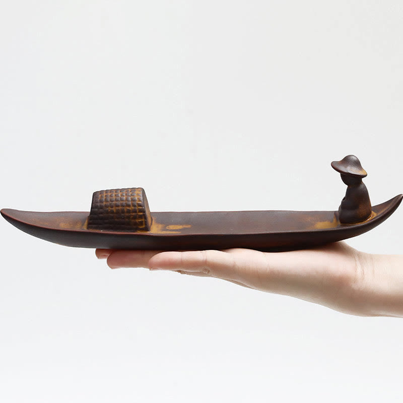 Handcrafted Ceramic Fisherman Zen Scene Healing Incense Burner