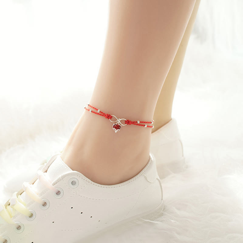 Sterling Silver & Copper Heart Infinity Braided Red String Anklet