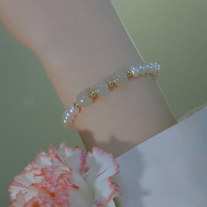 14K Gold Plated Natural Pearl & Hetian Jade Sincerity Bead Chain Bracelet