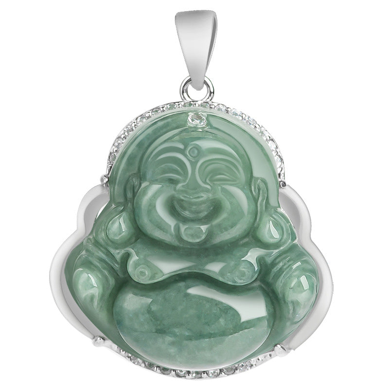 925 Sterling Silver Laughing Buddha Jade Abundance Necklace Chain Pendant