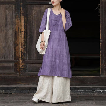 Ramie Linen Tie-Dye Frog-Button Meditation Midi Dress & Wide-Leg Pants Set