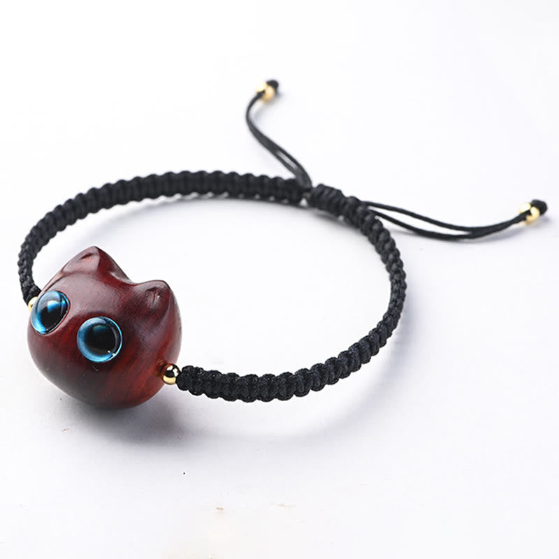 Small Leaf Red Sandalwood Ebony Wood Cute Cat Head Calm Protection Braided Bracelet